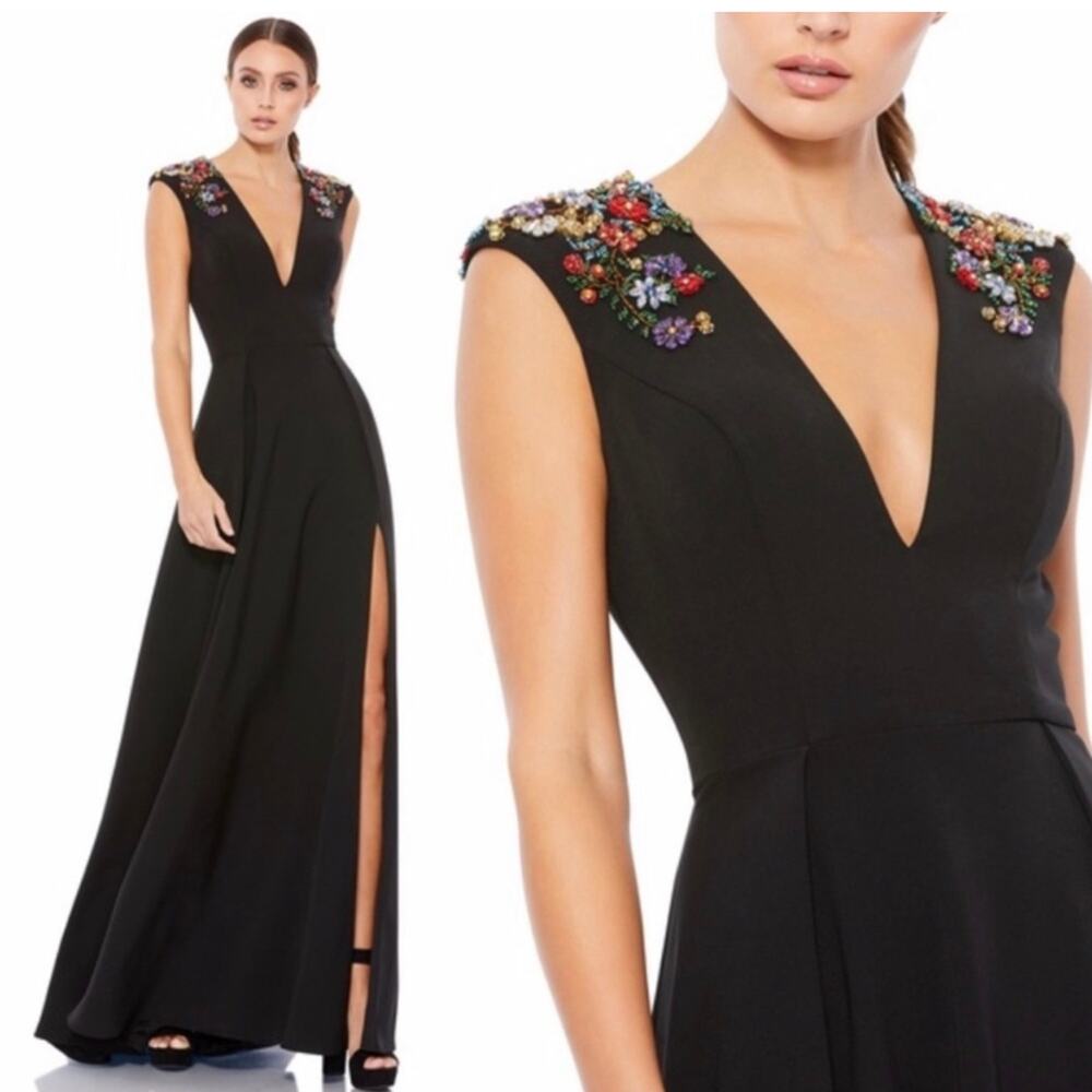 Mac Duggal 26540 Black Beaded Floral V-Neck High Slit Formal Gown Size 8